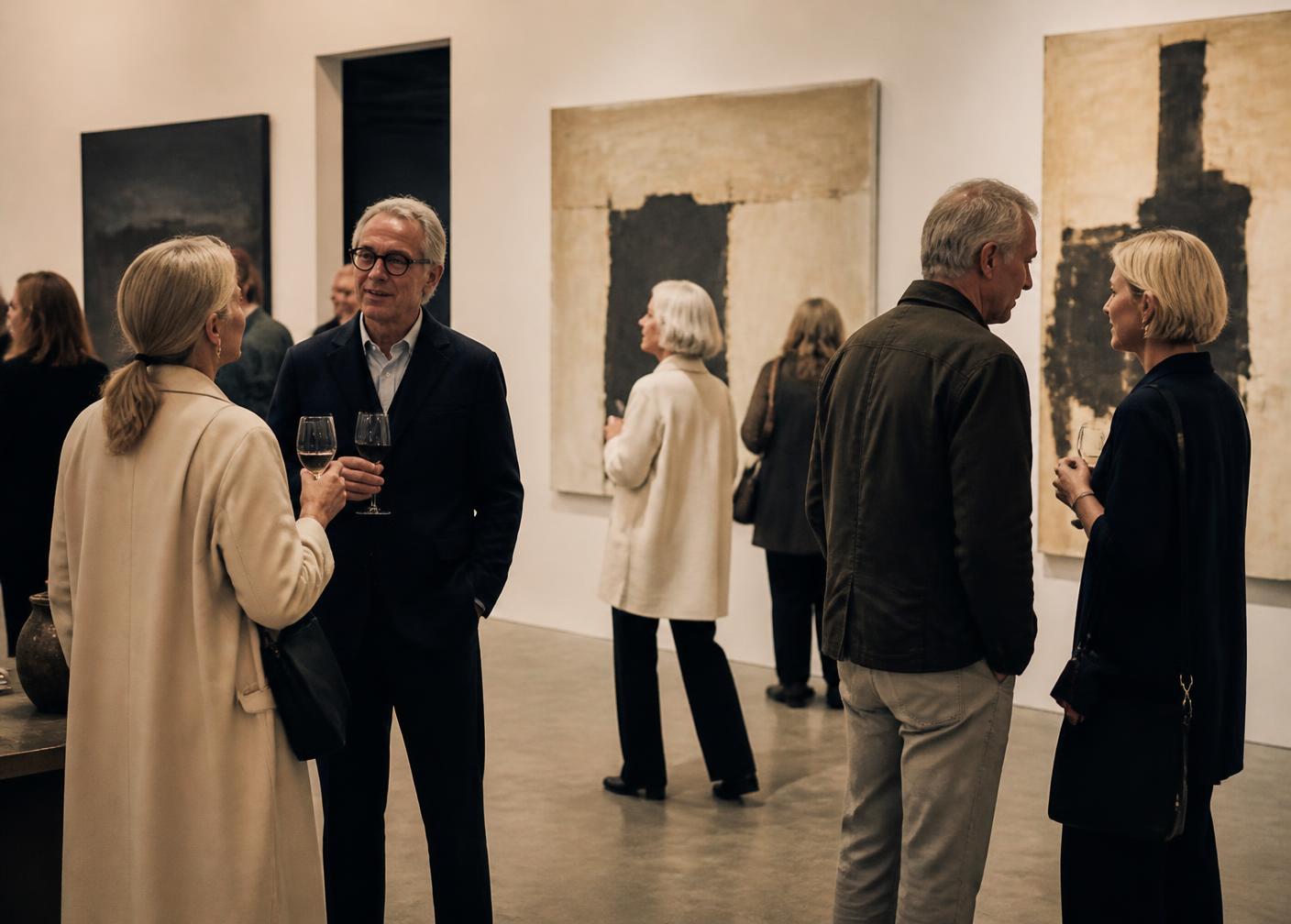 Guests in conversation at a contemporary art gallery opening