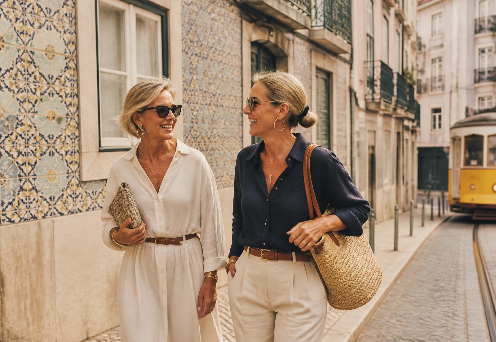 Two friends walking and talking on a sunlit street in Lisbon